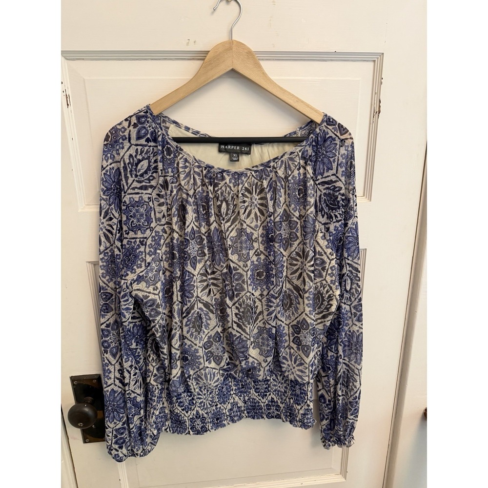 Harper 241 Women's Ivory‎ Floral Peasant Top Mesh Long Sleeves Size XL